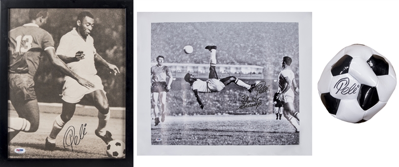 Lot of (3) Pele Signed Memorabilia Including Soccer Ball, Canvas Print of Bicycle Kick & Framed 11x14 Photo (PSA/DNA)